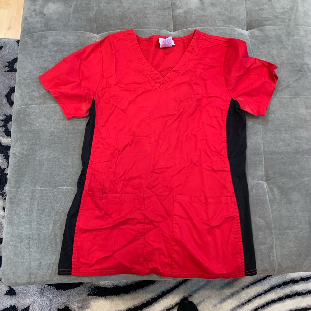 Red and black scrub top